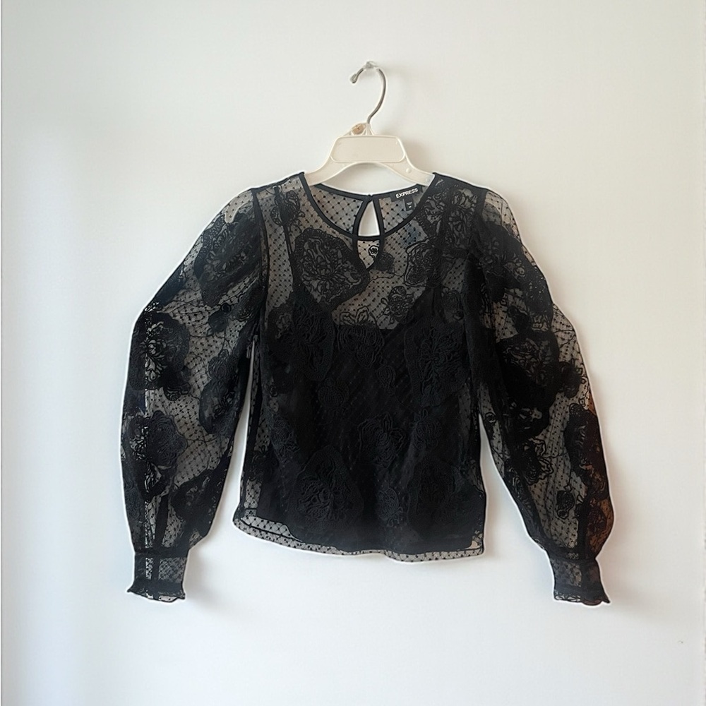Express Black Sheer Lace Embroidered Blouse XS - Picture 2 of 6